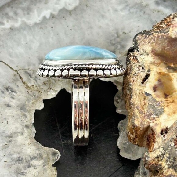 Sterling Silver Southwestern Style Oval Larimar Decorated Bar Ring S 7 For Women - Picture 6 of 10